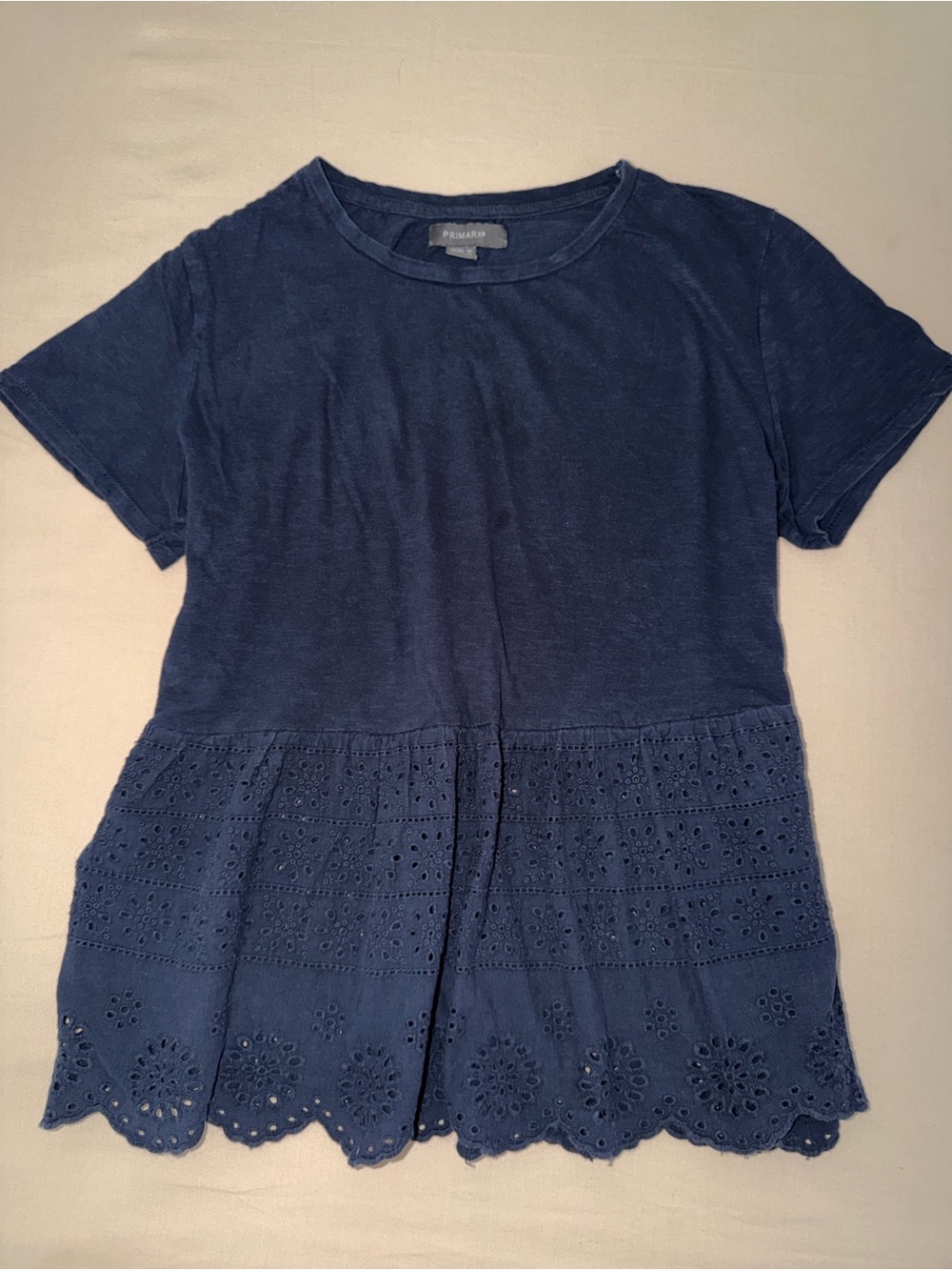 Navy Short Sleeve Eyelet Peplum Top